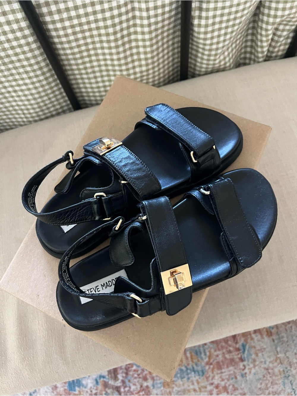 Steve Madden Black Leather Sandals with Gold Buckle Detail